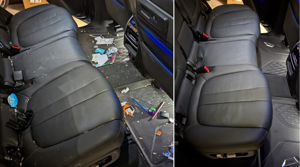 Shiny team members cleaning the inside of a vehicle