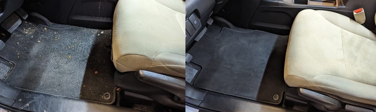 Before and after detail of a black leather rear seat and floor area