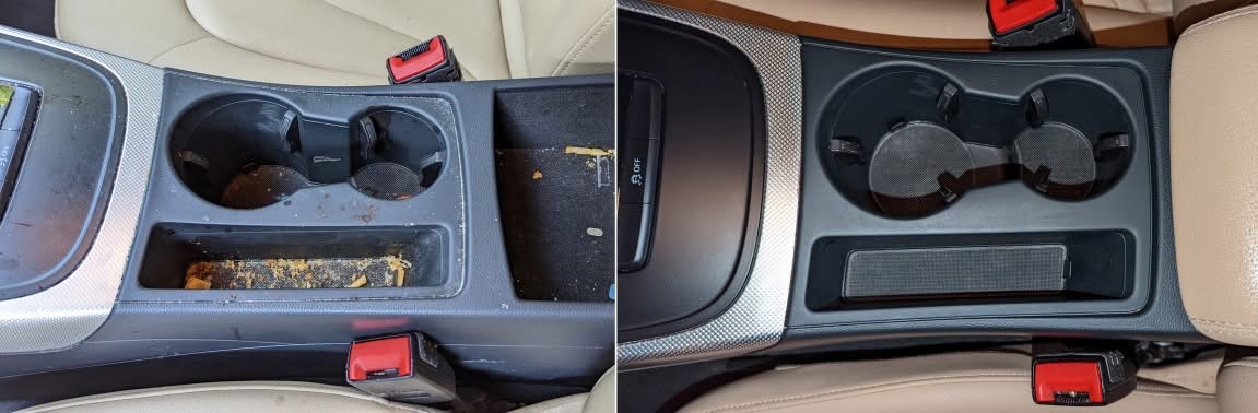 Before and after cleaning of a vehicle center console
