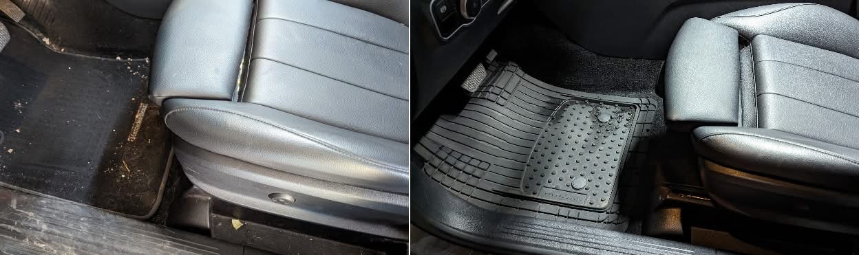 Before and after cleaning of a front vehicle floor mat