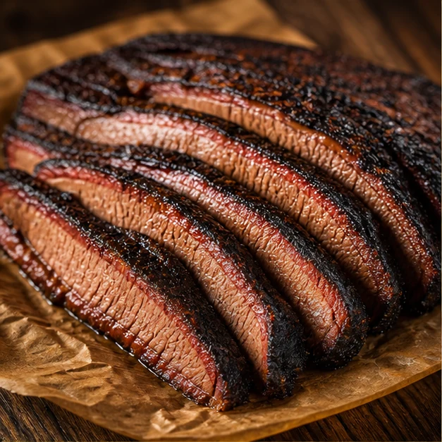 Bark-heavy sliced Texas-style brisket on butcher paper