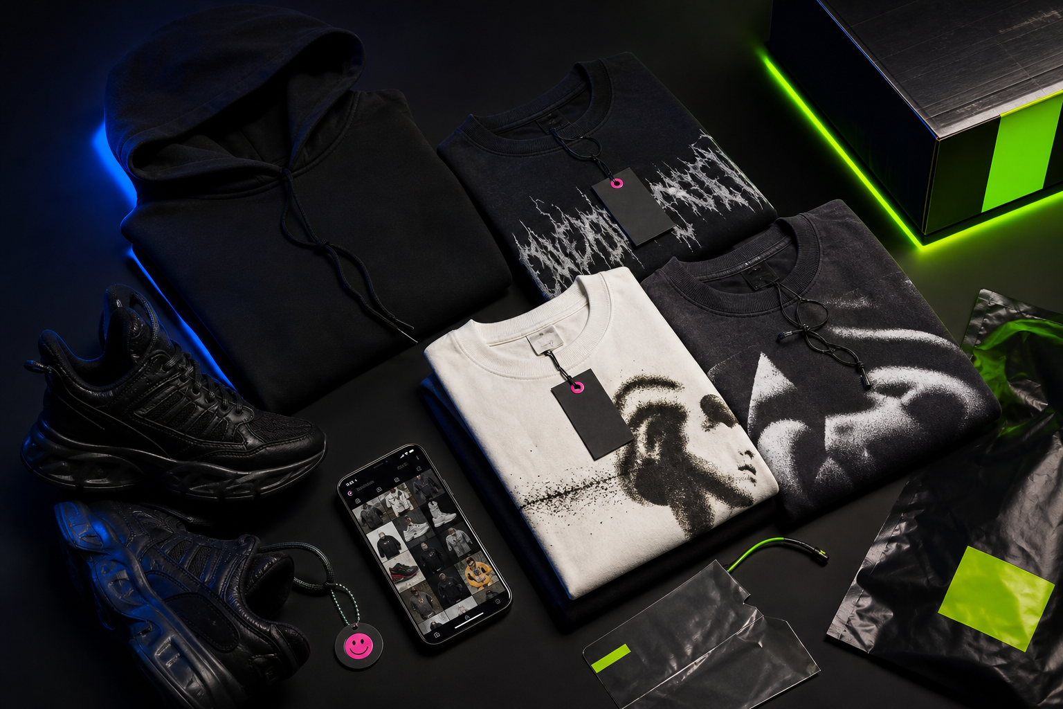 Streetwear resale flat lay with clothing and sneakers