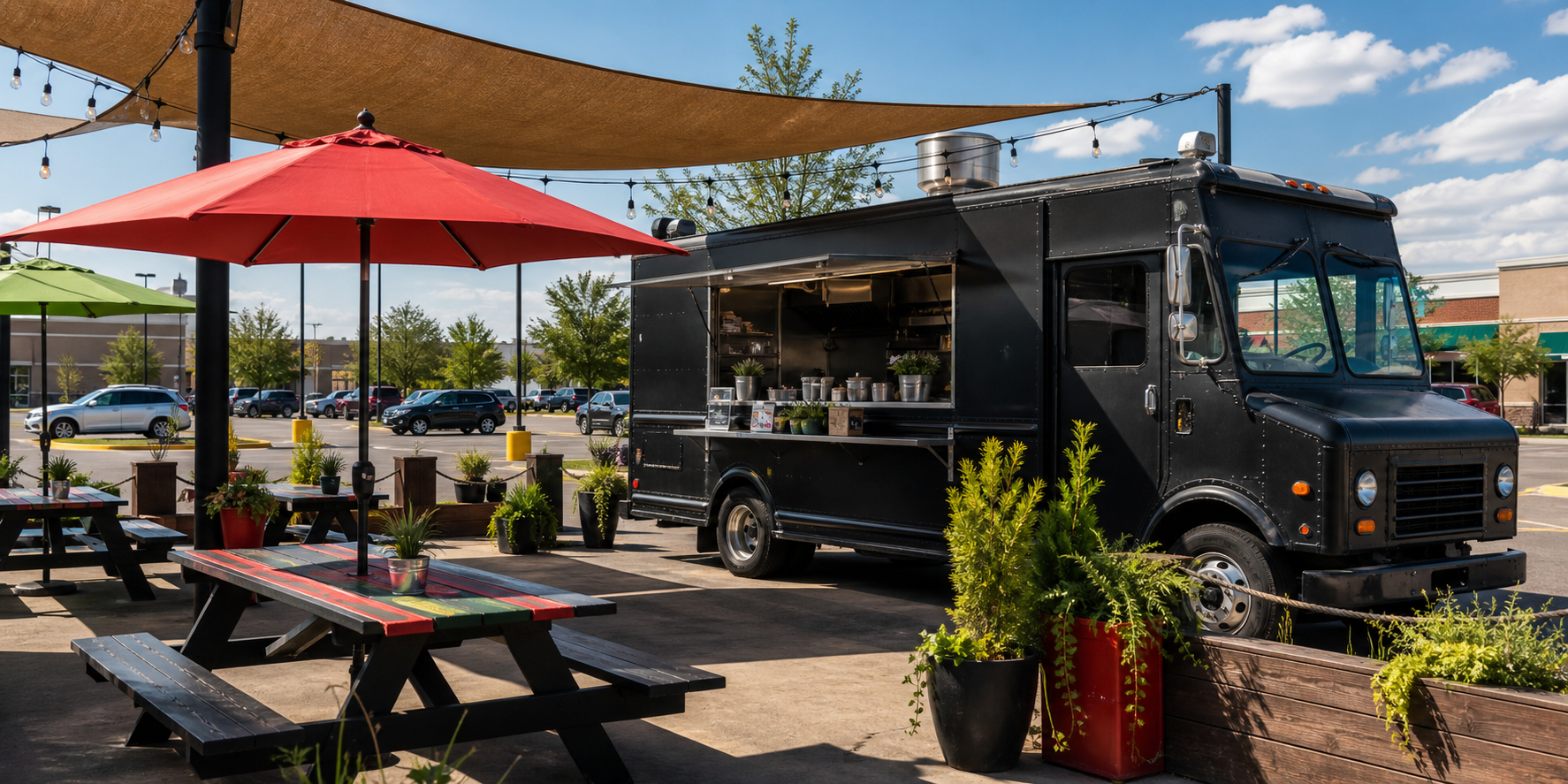 Black Mexican food truck setup with covered outdoor picnic tables.