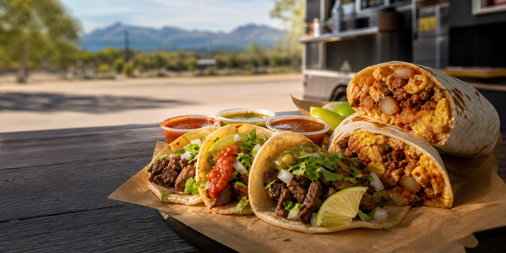 Loaded steak tacos next to a cut-open breakfast burrito.