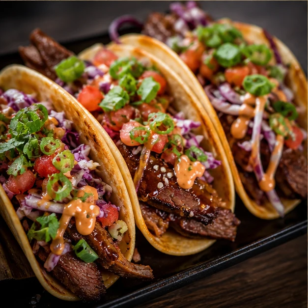 Korean BBQ tacos with smoked beef and bright toppings