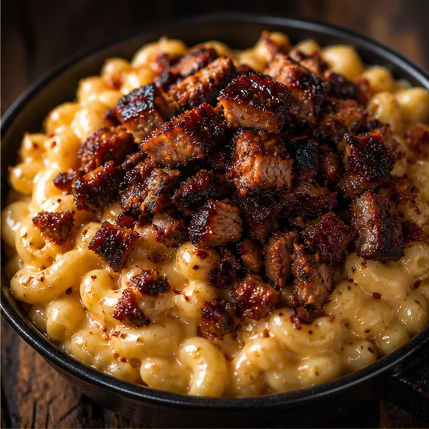 Loaded mac and cheese topped with smoked barbecue meat