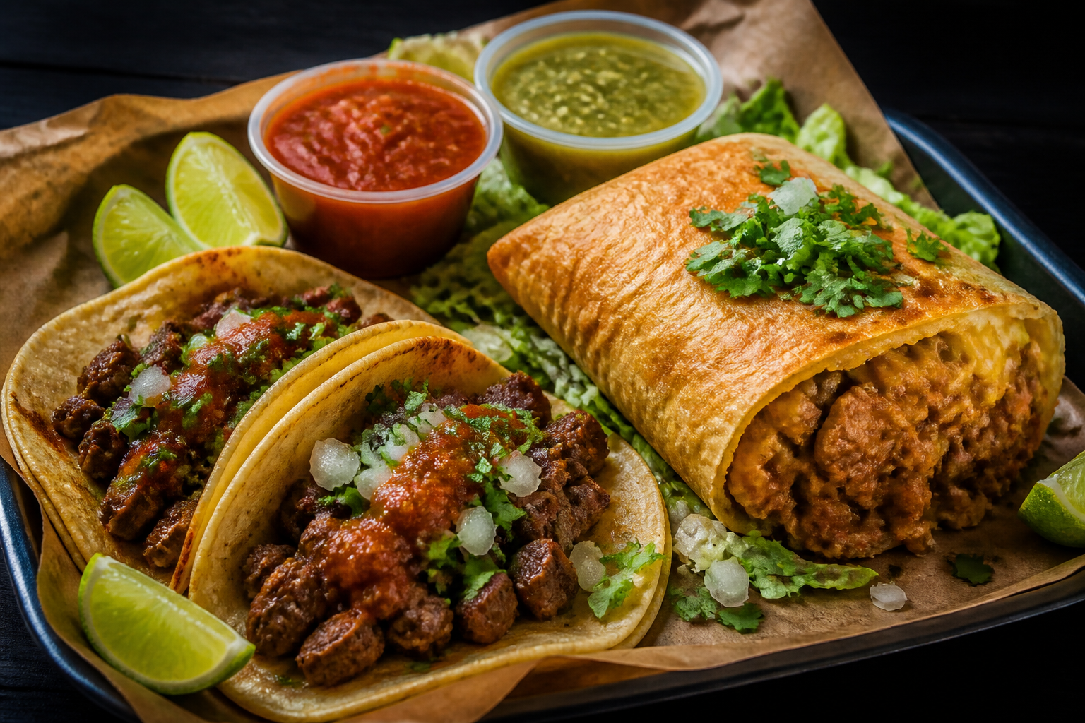 Golden chimichanga with spicy red and green salsas.