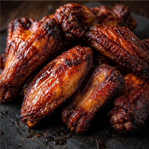Smoked wings with glossy barbecue glaze