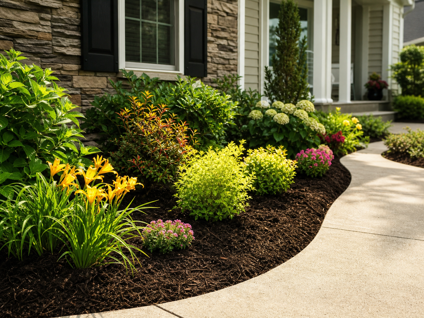 Mulched garden bed with flowering plants beside a walkway