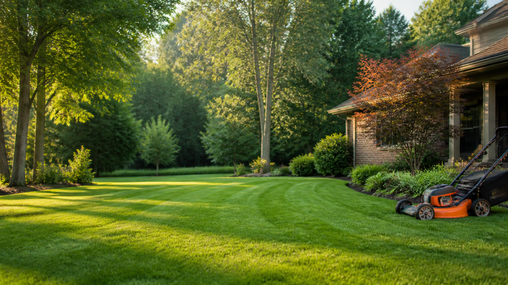 Freshly mowed lawn with clean edging and a mower beside the property