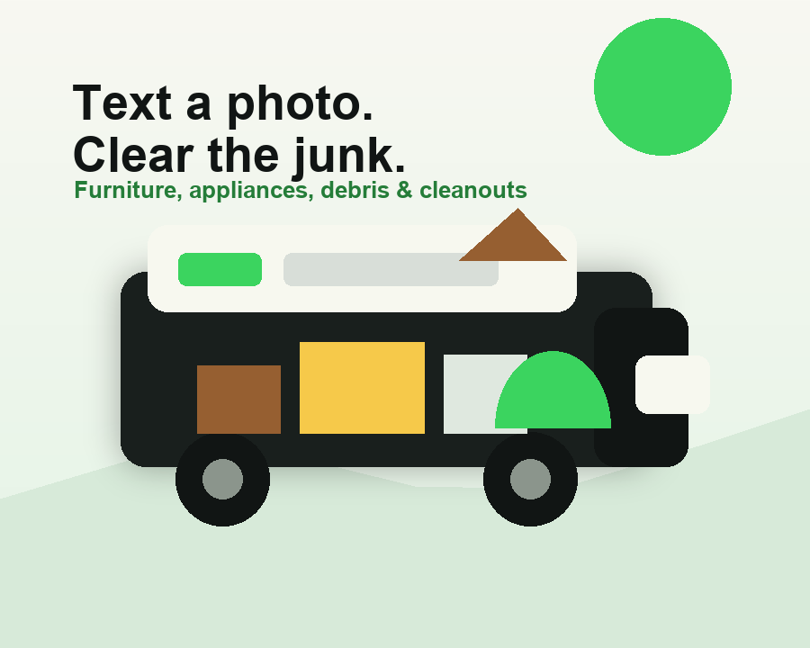 Illustration of a junk removal trailer loaded with furniture, debris, and bags