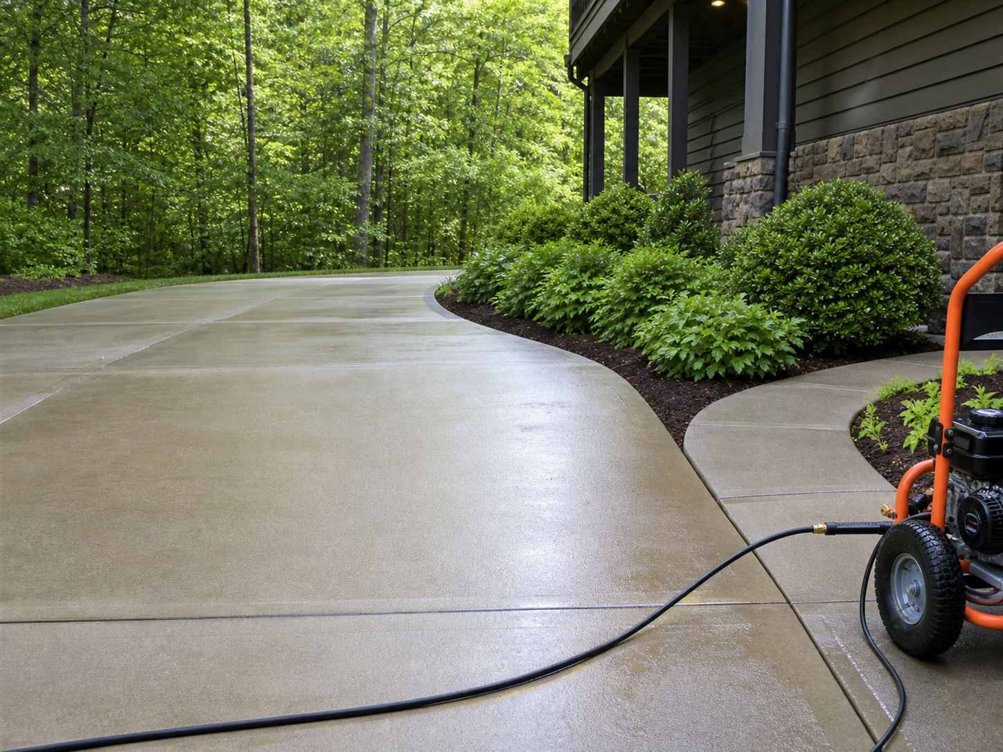 Clean wet concrete driveway with pressure washer equipment