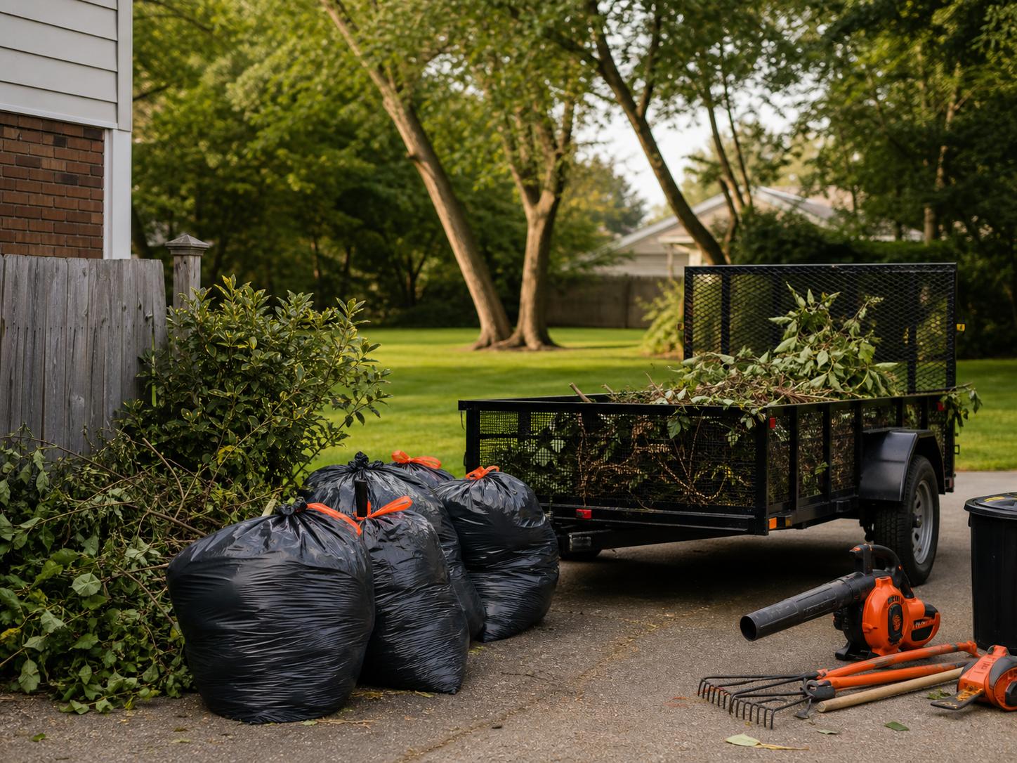 Bagged yard debris and utility trailer prepared for cleanup and hauling